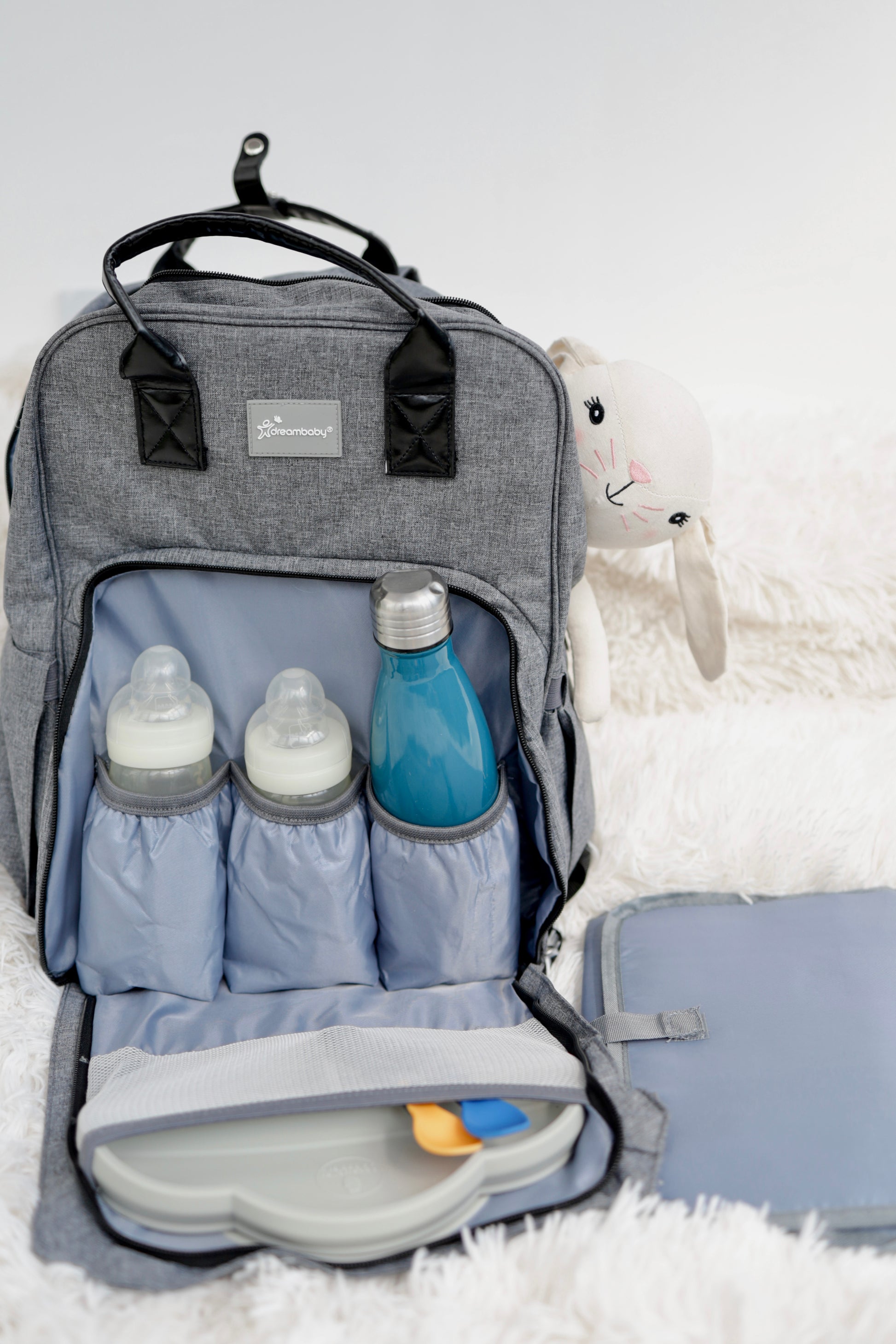baby diaper travel backpack Wisewater Bag with Foldable Bed, Portable Bassinets for Babies, Waterproof Mommy Bag with Changing Station USB Charging Outside theres a tech pocket for your precious adult Carry-All Nappy Backpack - Grey
