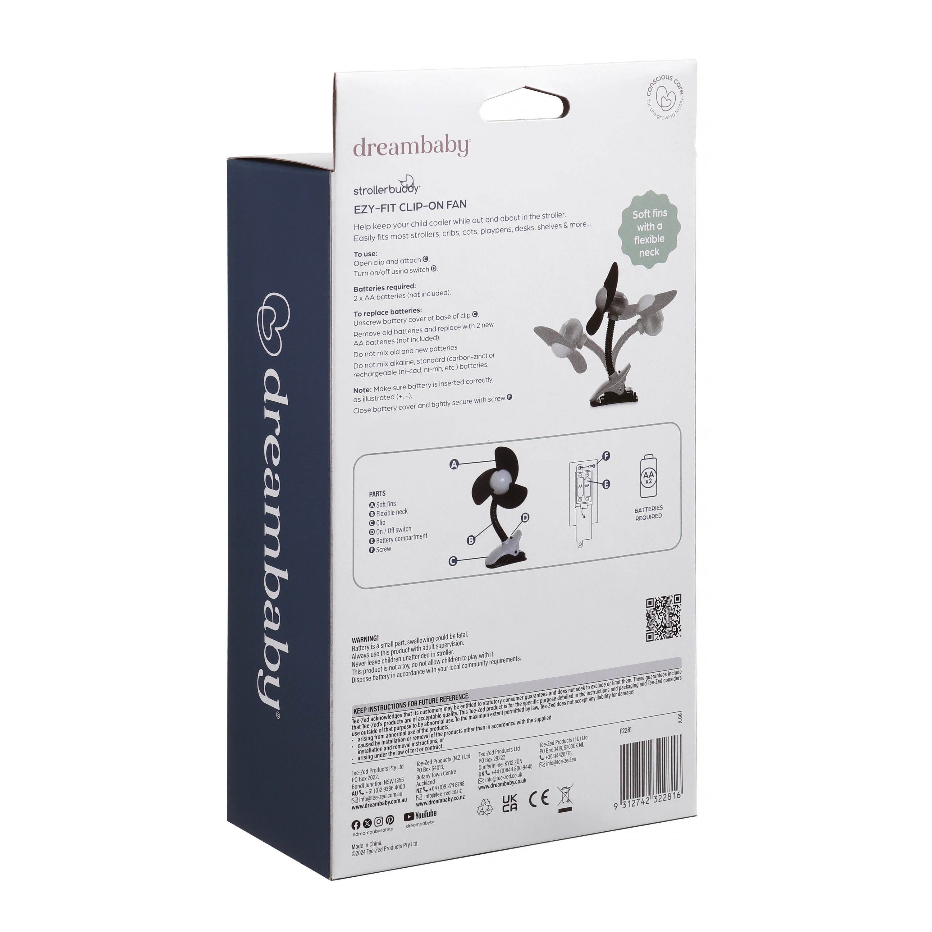 Dreambaby Ezy-Fit Clip-On Fan - Grey & White