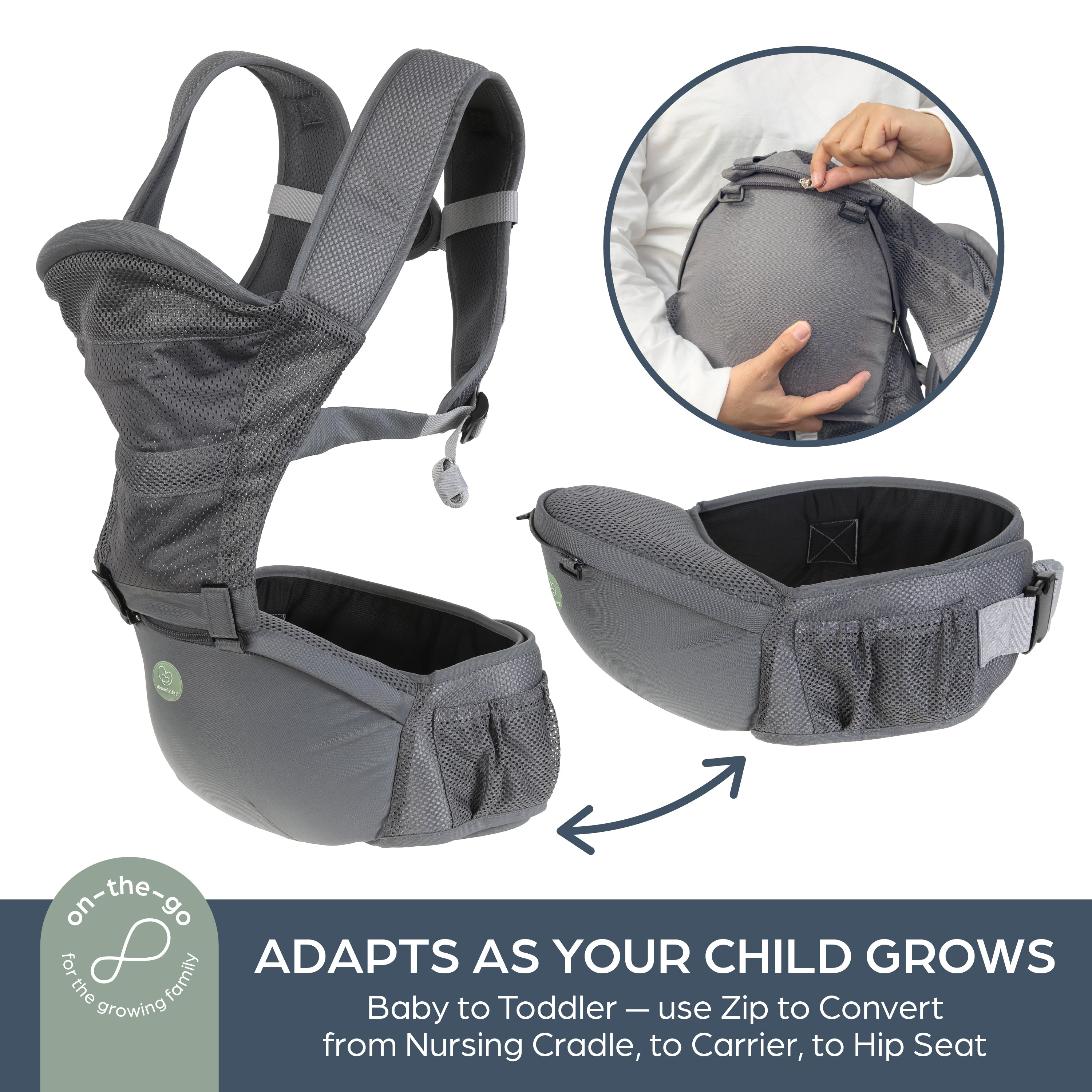 Elevate Multi-Functional Baby Carrier with Hip Seat – Grey